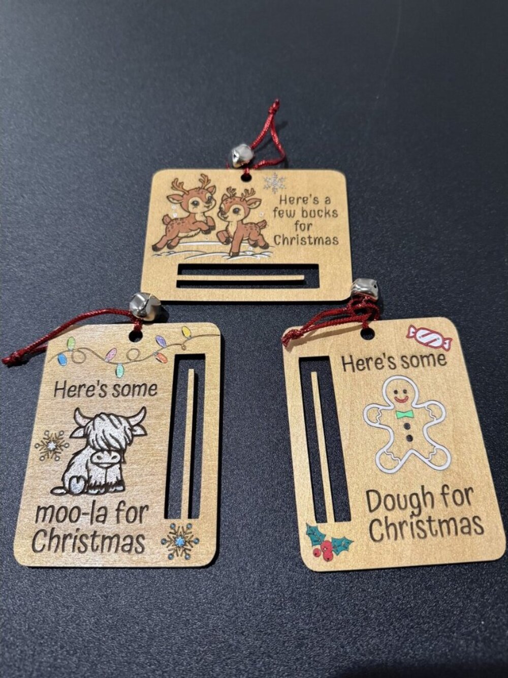 Christmas Wooden Money Gift Holder Ornaments Reindeer Highland Cow Gingerbread